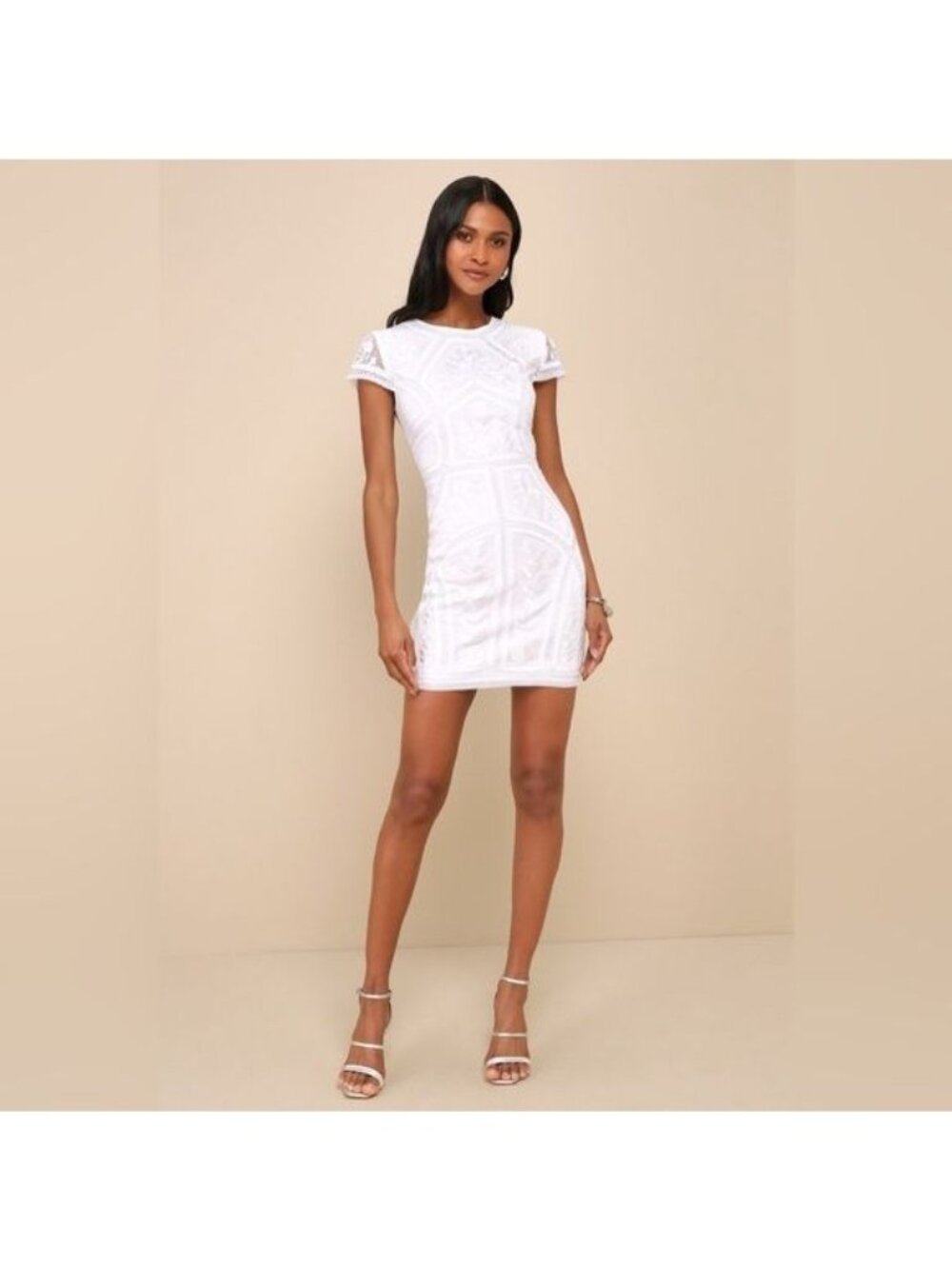 Lulu’s Spread Your Shine White Sequin Embroidered Bodycon Dress Small